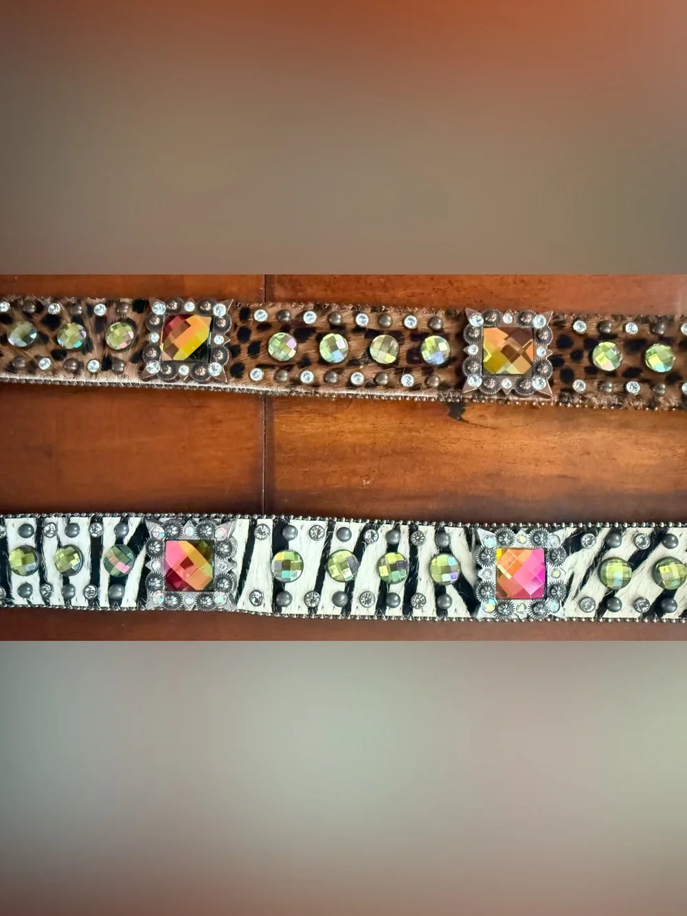 Nocona Zebra & Leopard Crystal-Embellished Belts with Yellow and Pink Stones